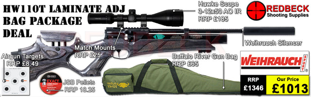 Weihrauch HW110T thumbhole Laminate adjustable air Rifle Airgun Pro Package deal with Hawke 3-12x0, Buffalo river Gun Bag
