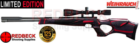 LIMITED EDITION 125 YEAR 1899 MODEL AIR RIFLE WITH RED LAMINATE STOCK. SHOWN FROM RIGHT HAND SIDE OF AIRGUN.