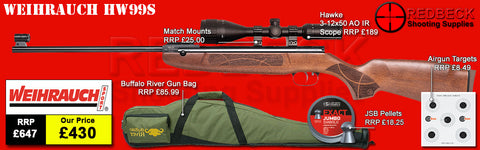 Weihrauch HW99s package deal including Hawke 3-12x50 AO IR scope, match mounts, buffalo river bag, pellets and targets