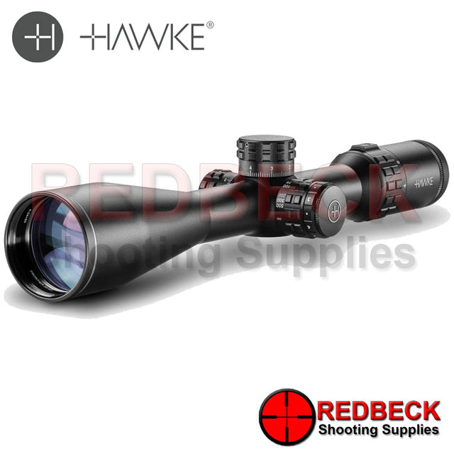 Hawke Frontier 30 SF 4-24x50 Mil Pro Angled Front View showing the 50mm front objective. 
