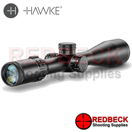 Hawke Frontier 30 SF 4-24x50 Mil Pro Angled Rear View Showing the magnification wheel and the turrets.  