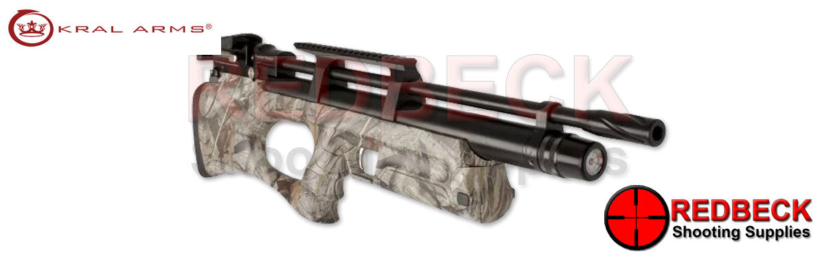 Kral Breaker Bullpup Camo Angled Front View Showing the gauge and there weaver rail 
