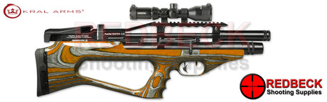 Kral Empire XS Orange Laminate Right Hand View showing the adjustable butt stock and the right hand cocking lever. 