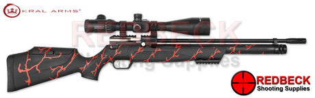 Kral Puncher Cerakote Black and Red Right hand view showing the red lighting pattern and the weaver rails. 