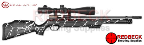 Kral Puncher Cerakote Black and White-Right Hand View showing the safety switch and the adjustable cheek piece. 