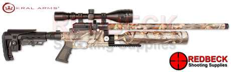 Kral Puncher Jumbo Hi-Cap Camo Right Hand View Showing the AR stock and weaver rail located under the bottle. 