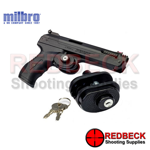 Hardened alloy construction with double-sided rubber lining.  Security keyed lock that need to be unlocked (2 keys are included.)  Protect your airguns and firearms against unwanted use.  Adjustable width – universal fit. Soft rubber pads protect gun finish. Ergonomic design facilitates rapid installation. Secure twist open/closed mechanism.