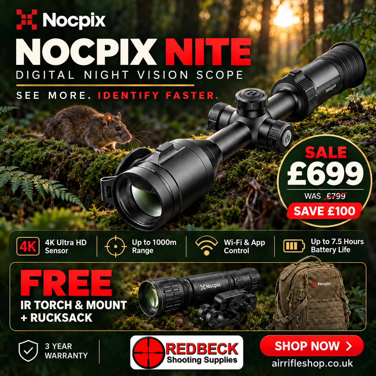 Nocpix Nite digital night vision scope in a forest setting next to a rat, with promotional text for a sale price of £699, free IR torch and mount, at RedBeck Shooting Supplies.