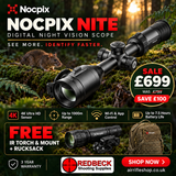 Nocpix Nite digital night vision scope in a forest setting next to a rat, with promotional text for a sale price of £699, free IR torch and mount, at RedBeck Shooting Supplies.