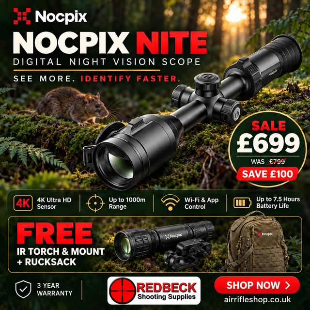 Nocpix Nite digital night vision scope in a forest setting next to a rat, with promotional text for a sale price of £699, free IR torch and mount, at RedBeck Shooting Supplies.