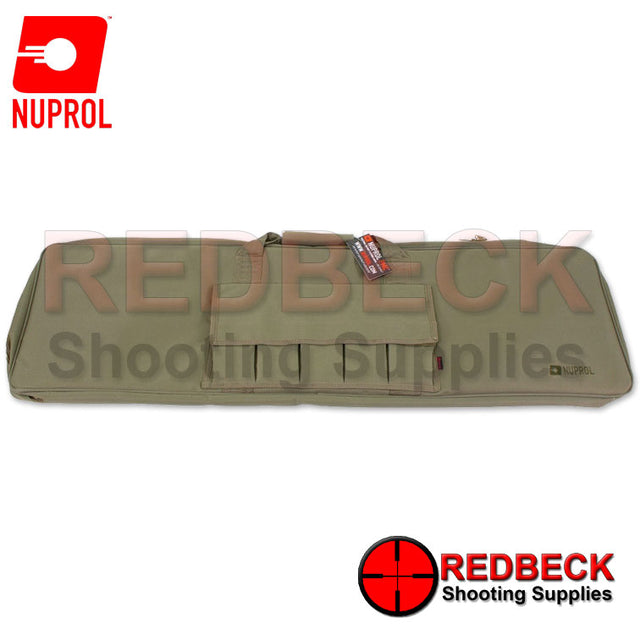 Nuprol Essential Rifle Bag 42 Green front view Showing the five exterior pockets. 