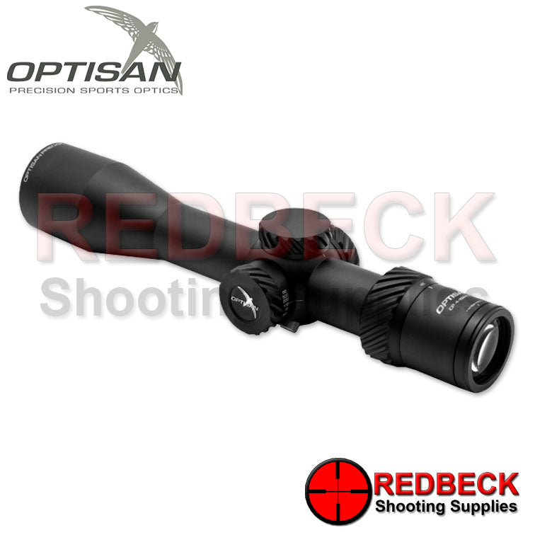 Optisan CP 4-16x40 F1 FFP Non Illuminated F1 MRAD Rear View Showing The Rear Eye Glass And The Optisan Logo. 