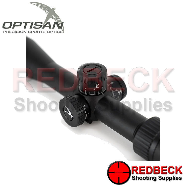 Optisan EVX G2 4-16x44 F1 FFP Non Illuminated MRAD Close View Showing The Lockable Turrets And The Side Focus. 