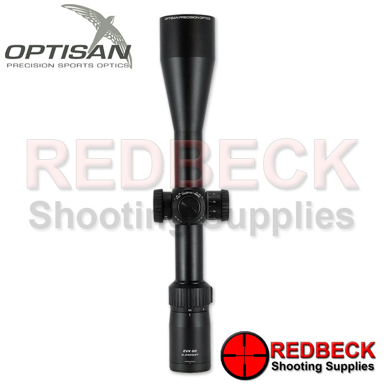 Optisan EVX G2 6-24x50 F1 FFP Non Illuminated F1 MOA Top View Showing The Lockable Dialing Turret  