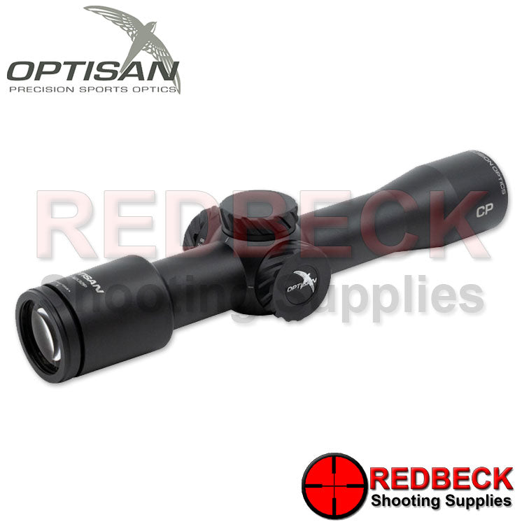 Optisan CP Compact 10x32 SFP MIL MH10 Rifle Scope Rear View Showing the Focus Wheel And The Optisan Logo. 