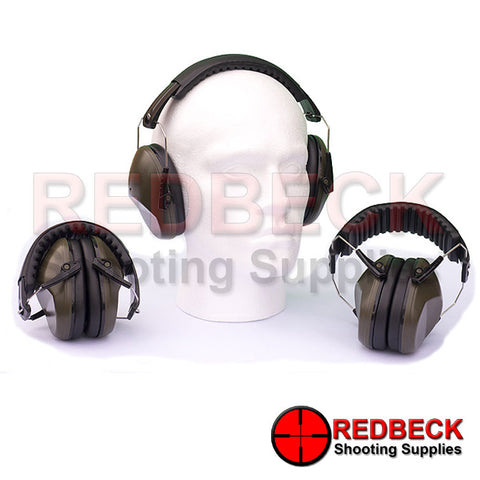 These Professional Grade Ear Defenders in Green are shown folded up and unfolded.