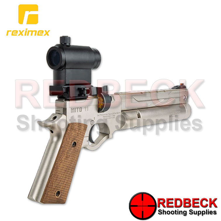 REXIMEX MITO 11 Silver Angled Rear View showing the magazine and the front iron sight. 