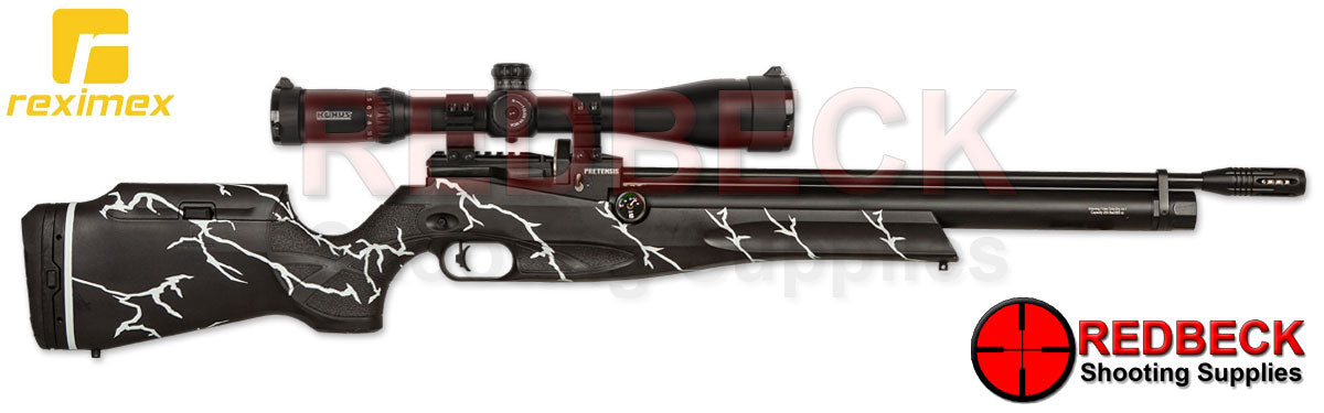 REXIMEX Pretensis Cerakote Thunder White Right Hand View Showing the thunder pattern and the adjustable cheek piece. 