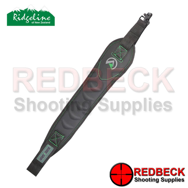 Black Ridgeline air rifle sling with green stitching and swivels