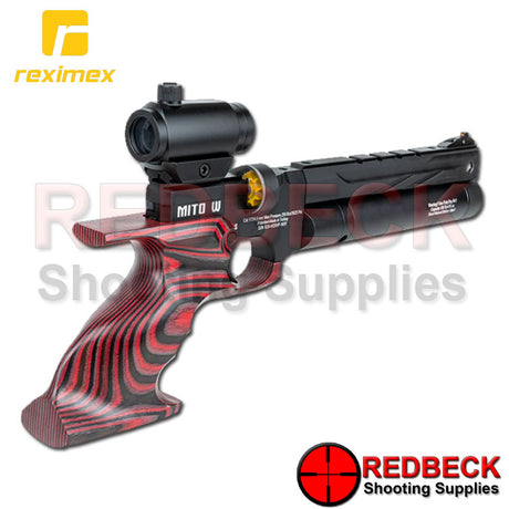 Reximex Mito Red Laminate Angled Rear View Showing the magazine and the red laminate pistol grip.