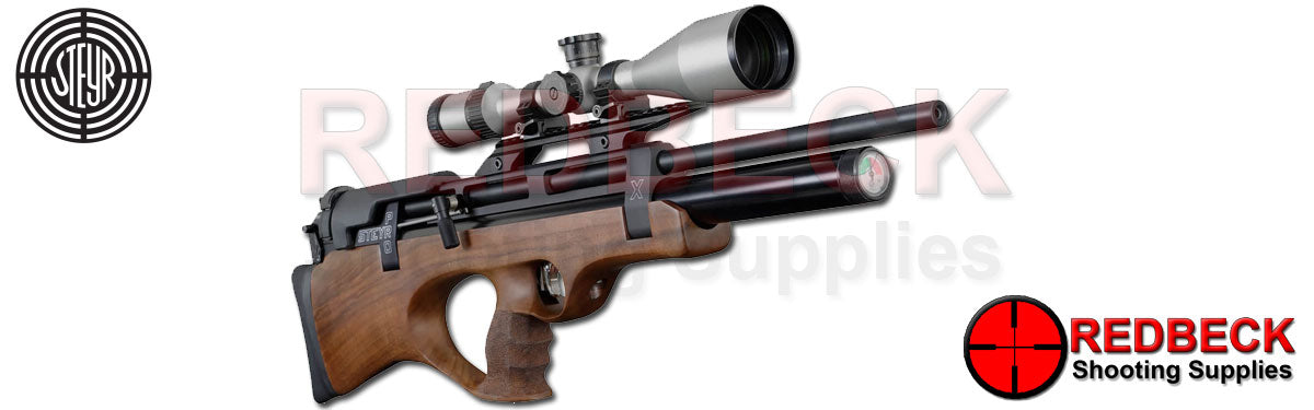 STEYR PRO X AIR RIFLE ANGLED VIEW FULL LENGTH Showing the cylinder gauge. 