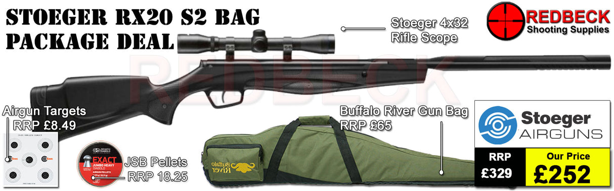 Stoeger rx20 s2 air rifle bag package deal with Supplied with 2 piece match grade mounts, a 4x32 scope, Buffalo River Gun Bag, Targets, and Pellets