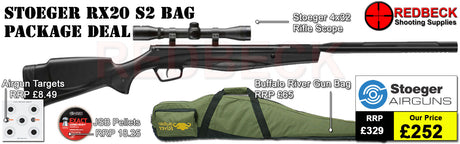Stoeger rx20 s2 air rifle bag package deal with Supplied with 2 piece match grade mounts, a 4x32 scope, Buffalo River Gun Bag, Targets, and Pellets