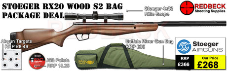 Stoeger rx20 s2 air rifle bag package deal with Supplied with 2 piece match grade mounts, a 4x32 scope, Buffalo River Gun Bag, Targets, and Pellets