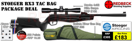 Stoeger rx3 tac air rifle bag package deal with Supplied with 2 piece match grade mounts, a Hawke 4x32 scope, Buffalo River Gun Bag, Targets, and Pellets