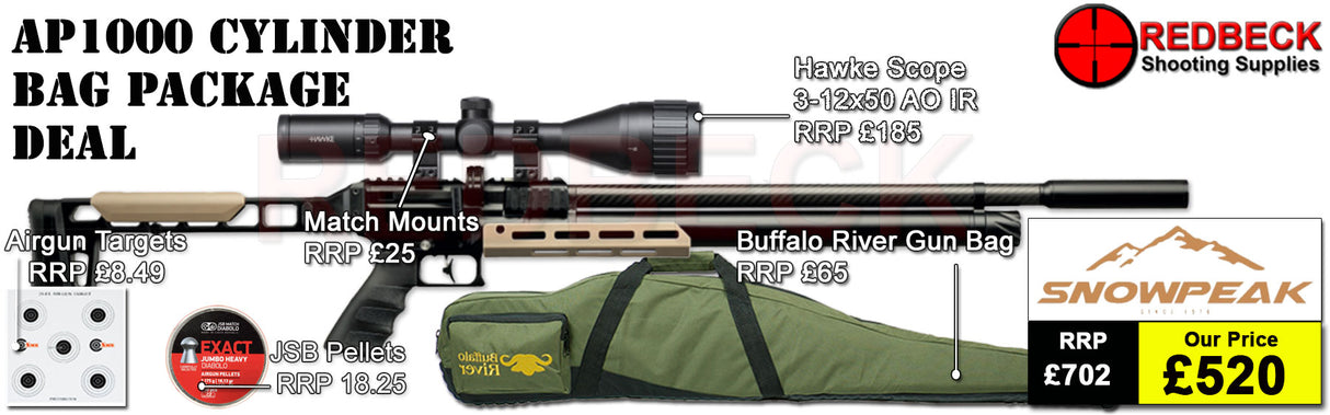 Snowpeak AP1000 Cylinder Bag Package Deal Showing the included 3-12x50 Hawke Fastmount scope, the buffalo river bag and the included tin of pellets. 
