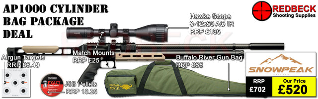 Snowpeak AP1000 Cylinder Bag Package Deal Showing the included 3-12x50 Hawke Fastmount scope, the buffalo river bag and the included tin of pellets. 
