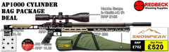 Snowpeak AP1000 Cylinder Bag Package Deal Showing the included 3-12x50 Hawke Fastmount scope, the buffalo river bag and the included tin of pellets. 