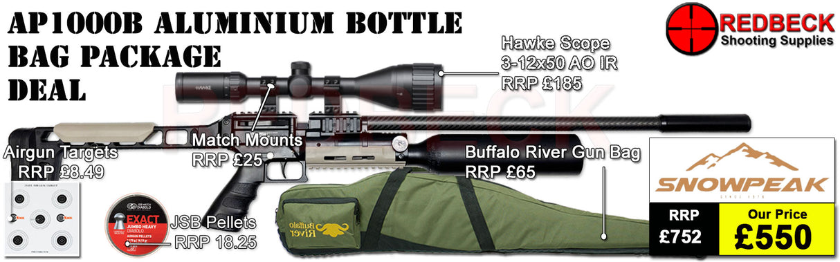Snowpeak AP1000B Aluminium Bottle Bag Package Deal Showing the included 3-12x50 Hawke Fastmount scope, the buffalo river bag and the included tin of pellets. 