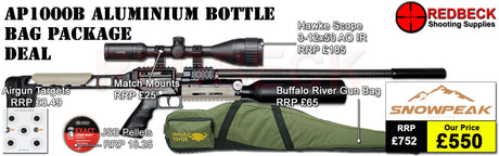Snowpeak AP1000B Aluminium Bottle Bag Package Deal Showing the included 3-12x50 Hawke Fastmount scope, the buffalo river bag and the included tin of pellets. 