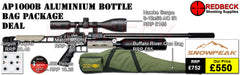 Snowpeak AP1000B Aluminium Bottle Bag Package Deal Showing the included 3-12x50 Hawke Fastmount scope, the buffalo river bag and the included tin of pellets. 