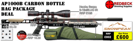 Snowpeak AP100B Carbon Bottle Bag Package Deal Showing the included 3-12x50 Hawke Fastmount scope, the buffalo river bag and the included tin of pellets. 