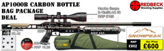 Snowpeak AP100B Carbon Bottle Bag Package Deal Showing the included 3-12x50 Hawke Fastmount scope, the buffalo river bag and the included tin of pellets. 