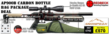 Snowpeak AP900 Carbon Bottle Bag Package Deal showing the included 3-12x50 Hawke scope, the buffalo river bag, pellets and targets. 