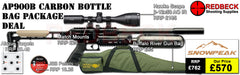 Snowpeak AP900 Carbon Bottle Bag Package Deal showing the included 3-12x50 Hawke scope, the buffalo river bag, pellets and targets. 