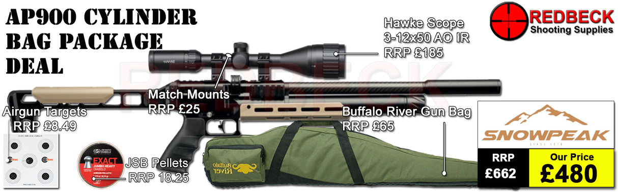 Snowpeak AP900 Cylinder Bag Package Deal Showing the included 3-12x50 hawke fastmount scope, the included tin of pellets with a buffalo river bag. 