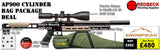 Snowpeak AP900 Cylinder Bag Package Deal Showing the included 3-12x50 hawke fastmount scope, the included tin of pellets with a buffalo river bag. 