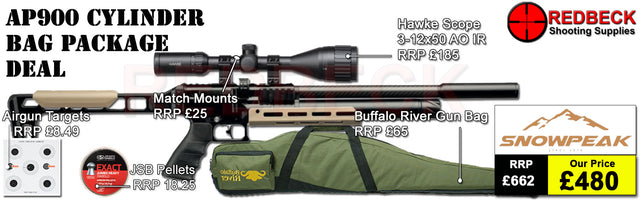 Snowpeak AP900 Cylinder Bag Package Deal Showing the included 3-12x50 hawke fastmount scope, the included tin of pellets with a buffalo river bag. 