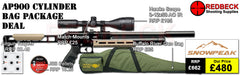 Snowpeak AP900 Cylinder Bag Package Deal Showing the included 3-12x50 hawke fastmount scope, the included tin of pellets with a buffalo river bag. 