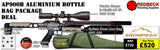 Snowpeak AP900B Aluminium Bottle Bag Package Deal Showing the included 3-12x50 Hawke Fastmount scope, the buffalo river bag and the included tin of pellets. 