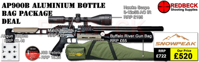 Snowpeak AP900B Aluminium Bottle Bag Package Deal Showing the included 3-12x50 Hawke Fastmount scope, the buffalo river bag and the included tin of pellets. 