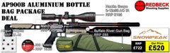 Snowpeak AP900B Aluminium Bottle Bag Package Deal Showing the included 3-12x50 Hawke Fastmount scope, the buffalo river bag and the included tin of pellets. 