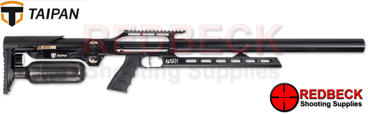 TAIPAN SLASH AIRRIFLE Standard 550MM Showing the Picatinny rail and the carbon fibre bottle. 