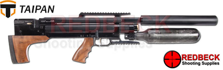 TAIPAN-VETERAN-II-AIRRIFLE-550mm-Tatical-AR-Walnut-Side-View showing how the carbon bottle is mounted and the location of the side lever.