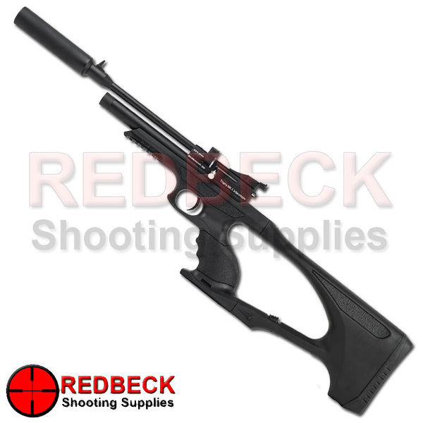 TROPHY MK2 AIR PISTOL WITH REMOVABLE STOCK AND SILENCER INJ BLACK. LEFT HAND ANGLED VIEW