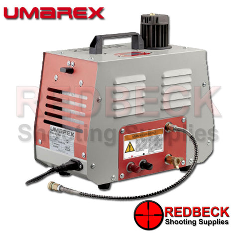 UMAREX READY AIR AIR GUN COMPRESSOR full view of the compressor and charging leads from the side.
